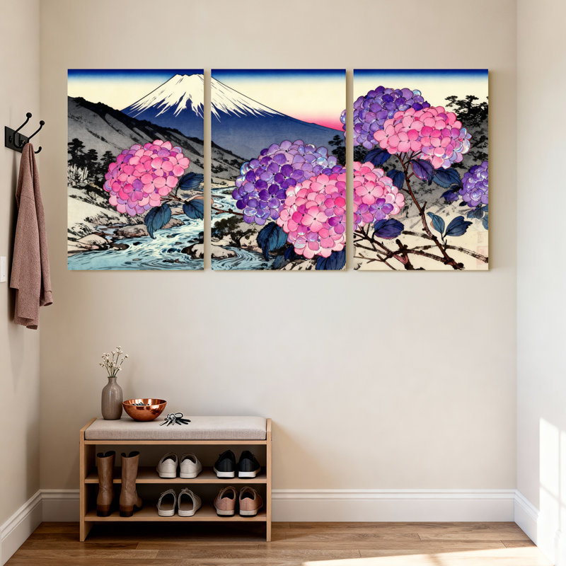 Mont japonais, mont Fuji et fleurs d'hortensia, reproduction d'art sur toile, ensemble traditionnel de style ukiyô-e (ensemble de 3)
