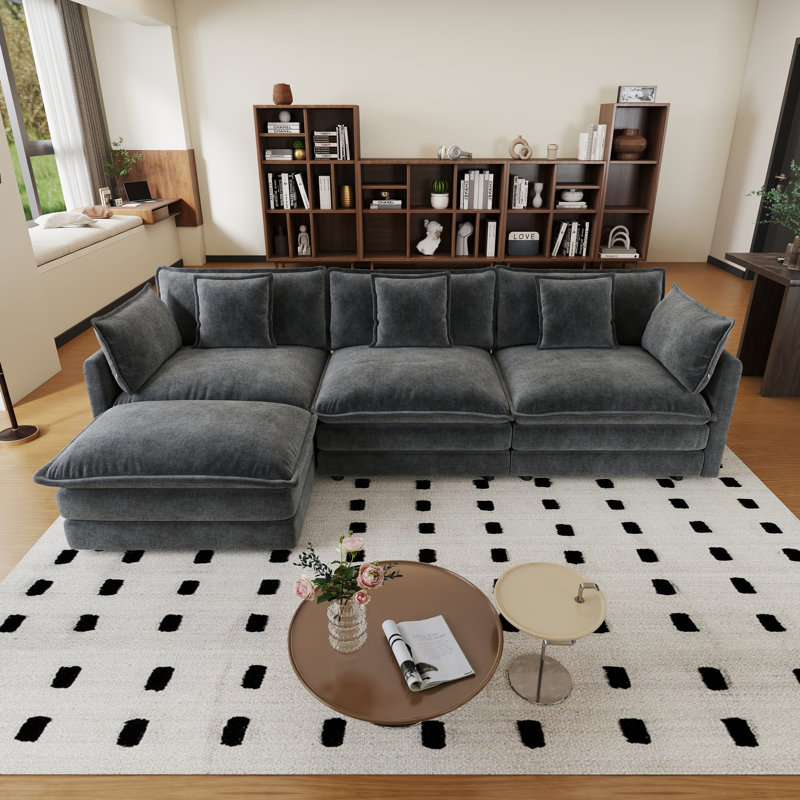 Ensemble de salon, canapé en L, canapé en chenille, 3 places, pour le salon, Gris chenille