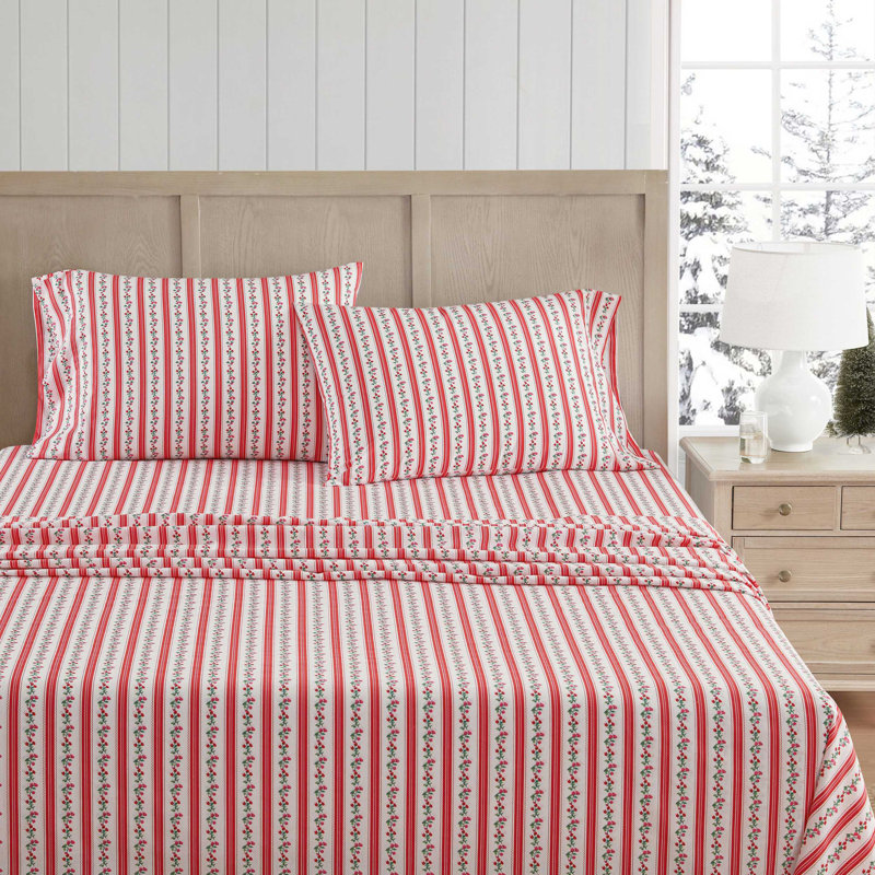 Ensemble de draps en coton percale rouge Martha Stewart, Ensemble de draps pour très grand lit avec 2 taie, Rayures rouges