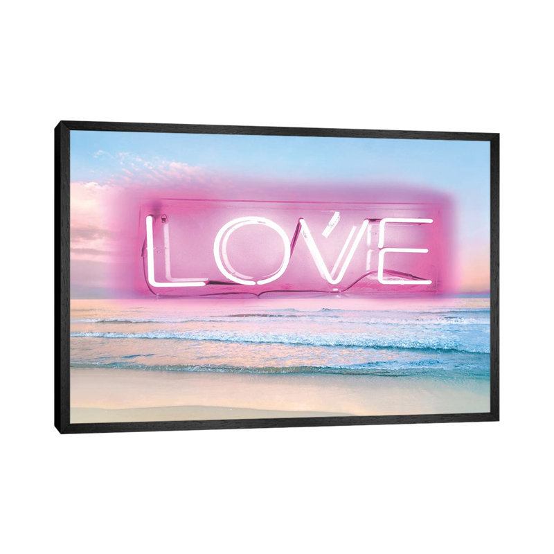 Neon Love Beach Pink On Black by Hailey Carr - Print on Canvas, 66.04 cm H x 45.72 cm W, Black Framed