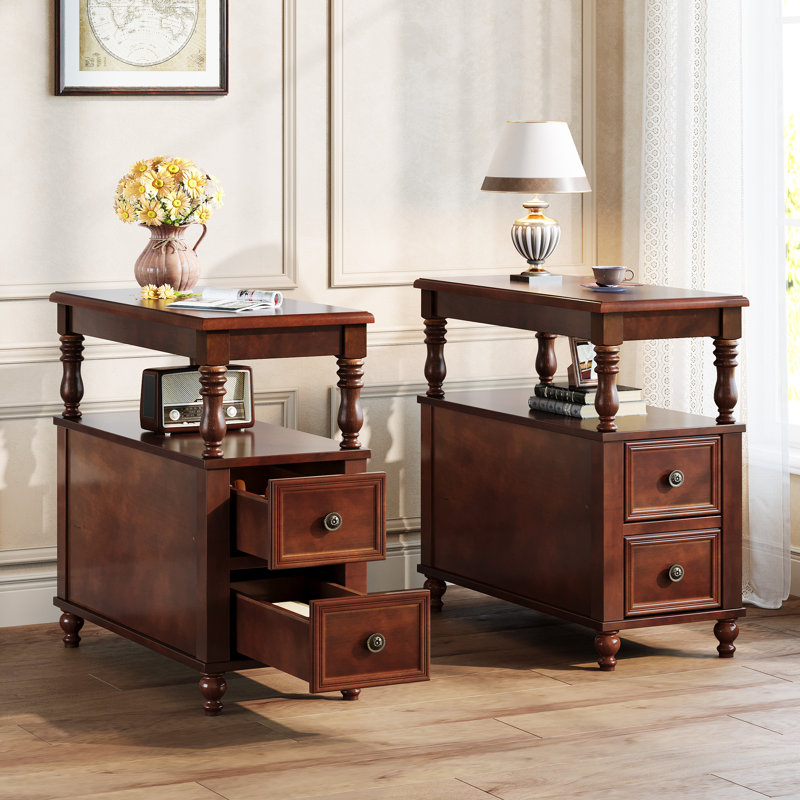Solid Wood 2-Drawer End Table with Fluted Detailing, Dark Brown, 2