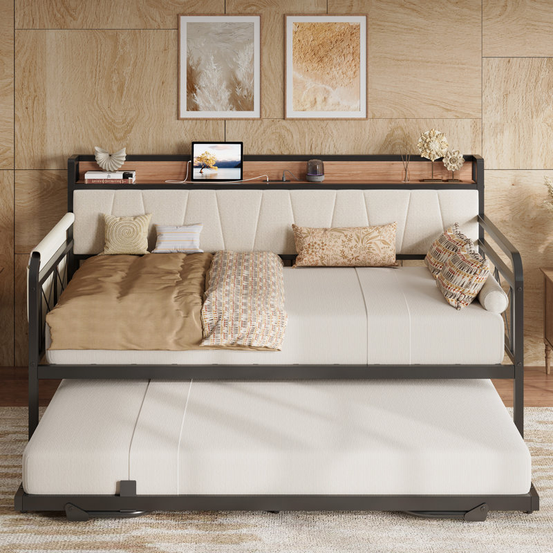 Bed Frame With Storage Headboard And Charging Station, Beige, Lit simple