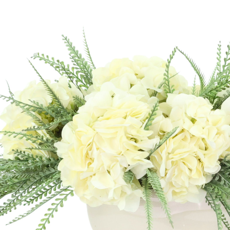 Hydrangeas and Ferns Arranged in Ceramic Pot