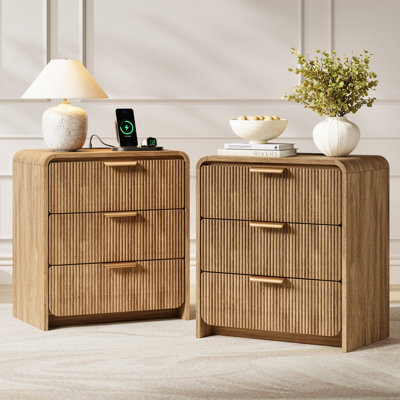 Grande table de chevet pour chambre à coucher, table de chevet à 3 tiroirs de l 23,6 po, conception courbée et poignée en métal (ensemble de 2)