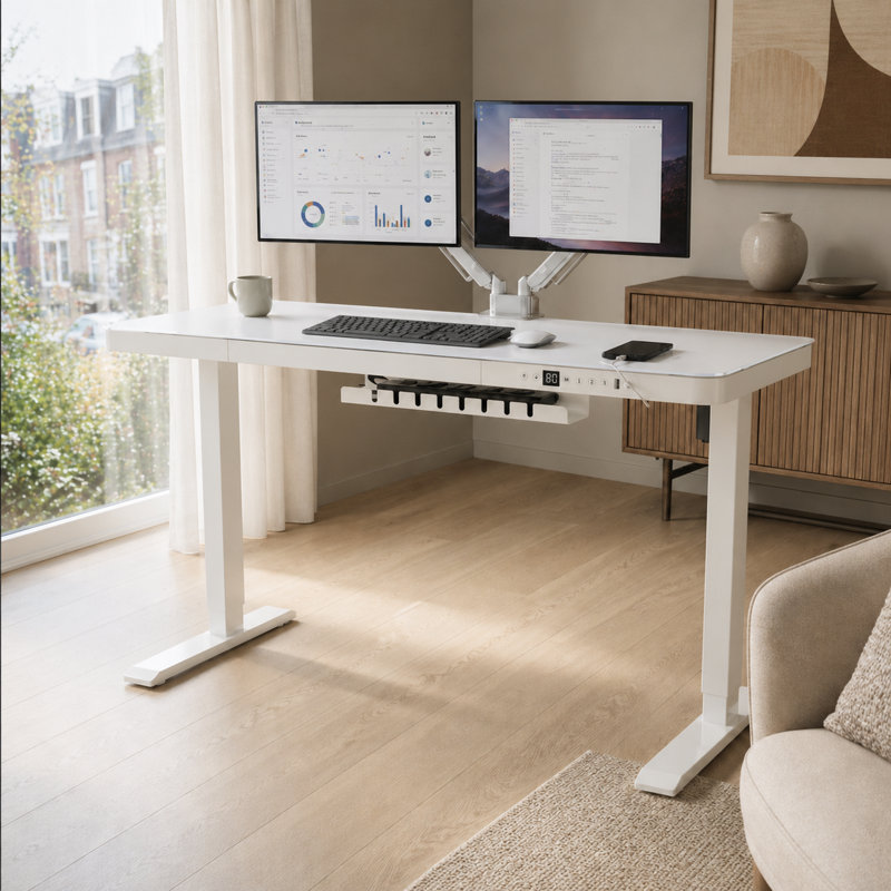 Adjustable Height Glass Steel Desk, 140 x 60 cm