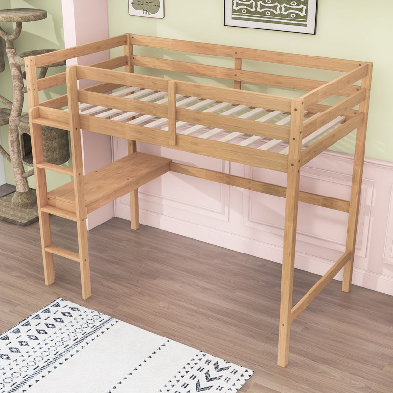 Lit mezzanine simple avec barrière de sécurité et bureau, Chêne blanc
