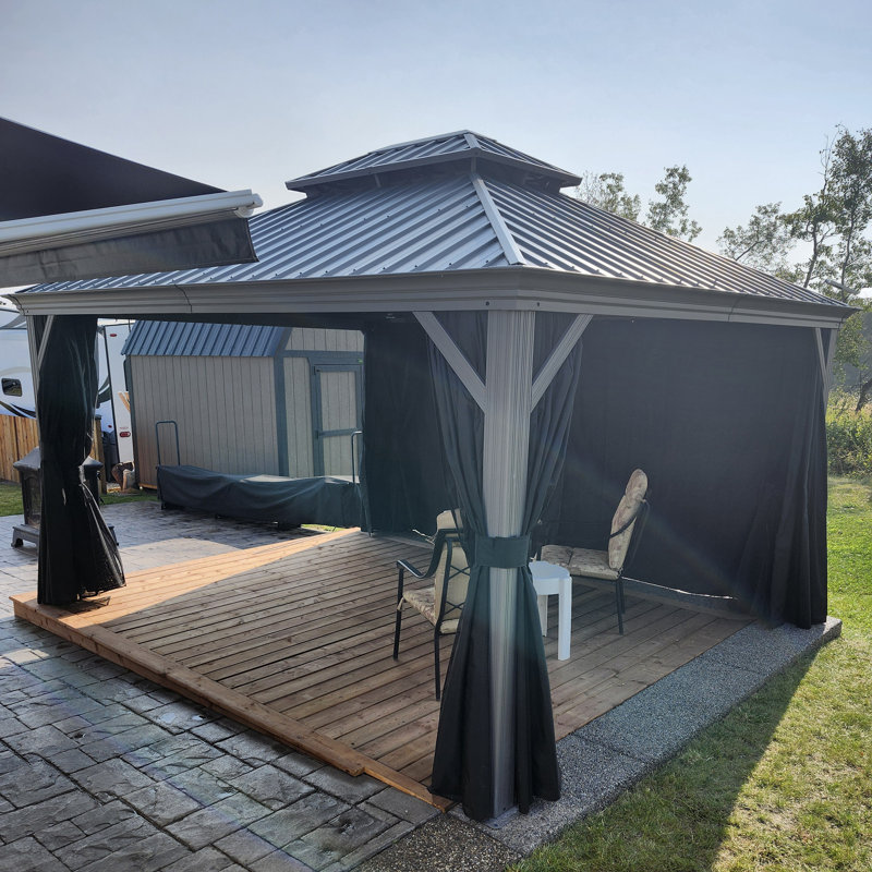 Purple Leaf 10' X 14' Hardtop Gazebo Outdoor Double Roof Gazebo White Aluminum Frame Pavilion With Curtain And Netting For Patio, Garden And Backyard, Grey