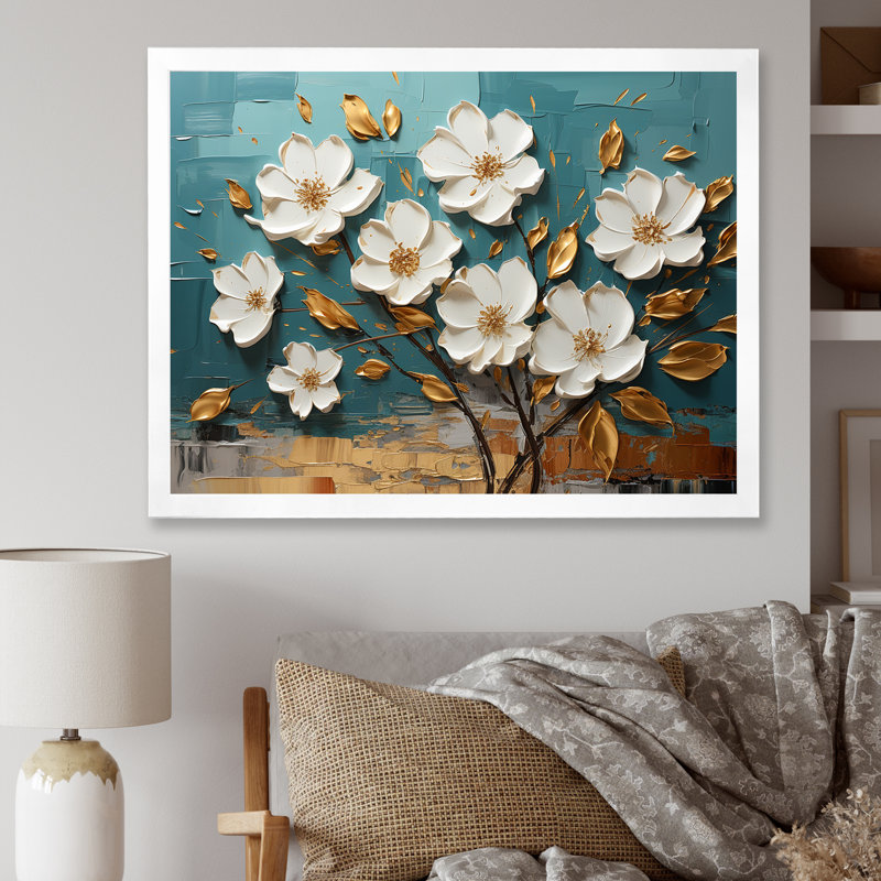 Blanc et or, charmante fleur printanière en fleurs IV - Fleurs, art mural, Cadre d'angle fermé blanc