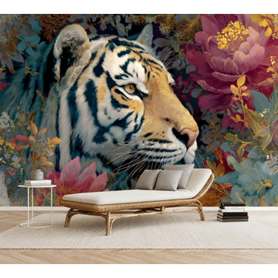 Wall Mural Peel and Stick Wallpaper Majestic Tiger modern Floral Self-Adhesive Removable Contact Paper Wall Decor for Living Room Bedroom 69"H x 96"W