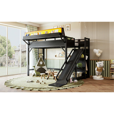 Lit mezzanine simple TG avec glissoire, tablettes de rangement et garde-robe intégrée, cadre de lit mezzanine en métal avec ports USB et lumières DEL, avec panneau perforé, sécuritaire et solide, noir