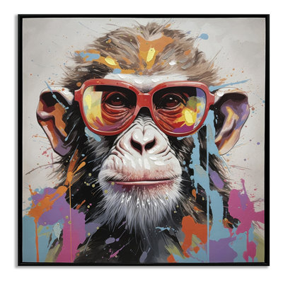 Art mural sur toile Playful Chimp with Red Glasses - 25 po x 25 po - cadre noir