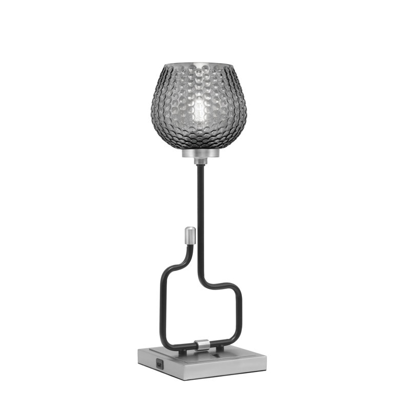 Lampe décorative Amarmula, avec ports USB, noir mat et finition graphite, verre texturé fumée 6 po, Argent argent