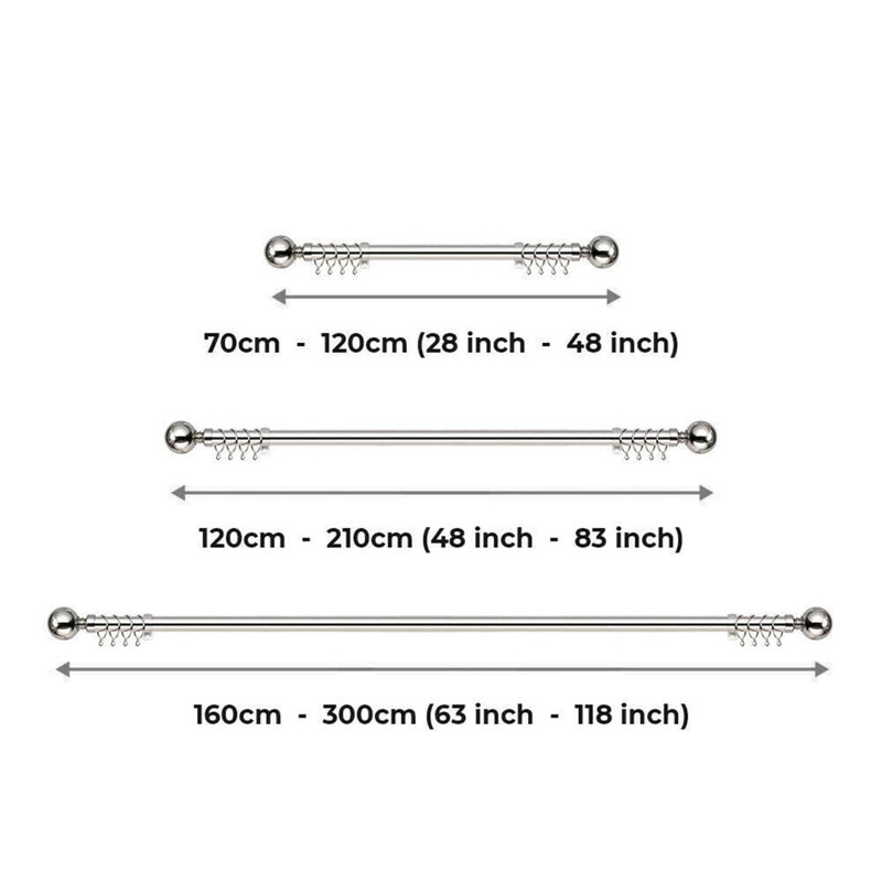 Adjustable 70cm to 300cm 2.8cm Single Curtain Pole, Brushed Silver