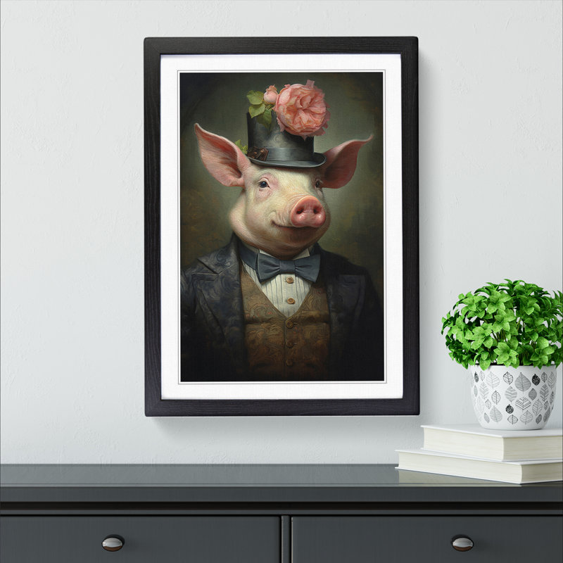 Pig Victorian - Single Picture Frame Print on Wood, Black, 46" H x 34" W x 2" D