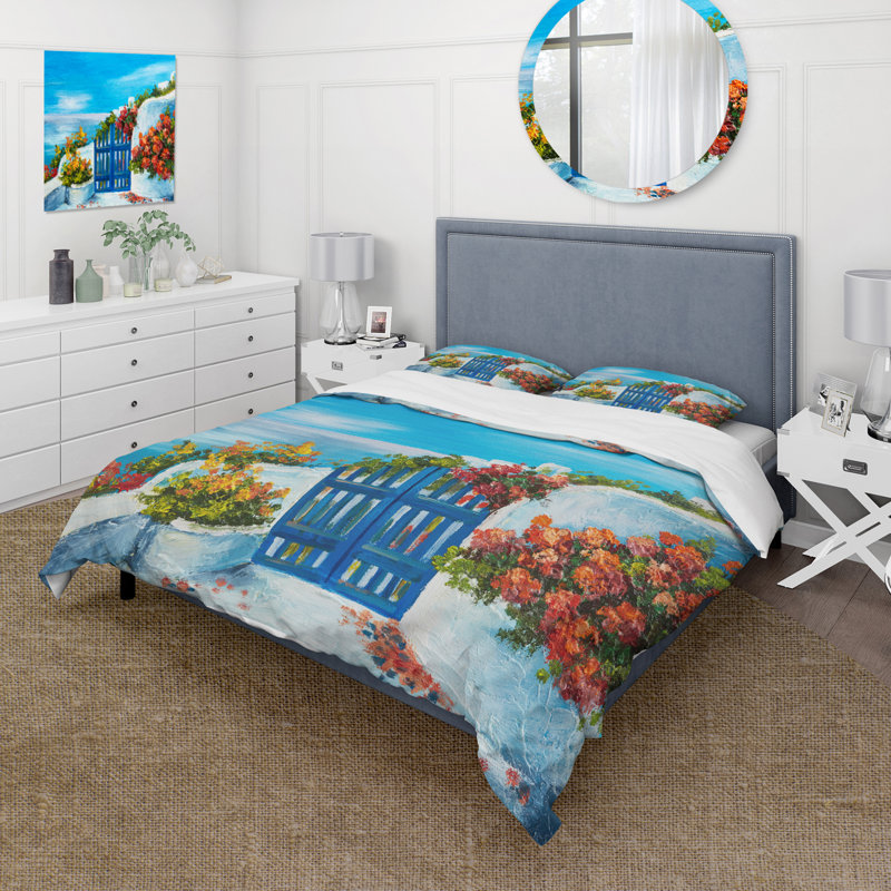 Ensemble de housse de couette nautique et côtier House Near The Sea Colorful Flowers III - Microfibre polyester