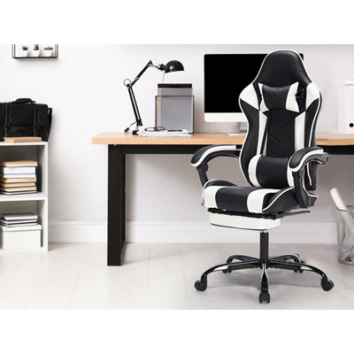 Fauteuil de jeu noir et blanc pour adultes, respirant, avec repose-pieds, support lombaire, réglable 90 - 135, pivotant à 360 °, respirant, avec fonction de massage