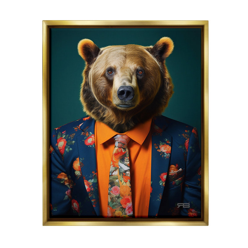 «Bear In Floral suit Floater Frame» par RB sur toile, H 21 po x l 17 po, Cadre flottant métallique doré