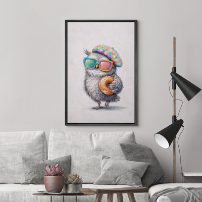 Cute Owl with Donut and Beret Framed Canvas Master Bedroom Wall Art Work Print