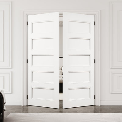 56" x 80" 5-Panel Molded Solid Interior French Door with Black Hardware & Ball Catch & Handle, Solid Core Door Slab, Paintable & Waterproof, Suit for Laundry, Closet Doors, Room Doors, Assembly Required