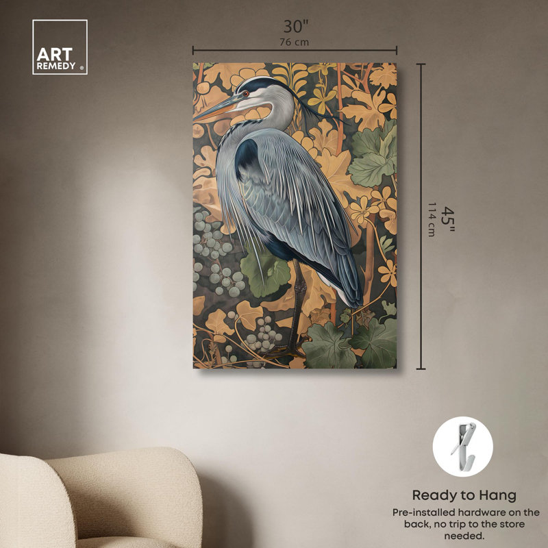 «Heron’s Blue Serenade», toile Maximalist par Art Remedy, H 45 po x l 30 po, Toile tendue