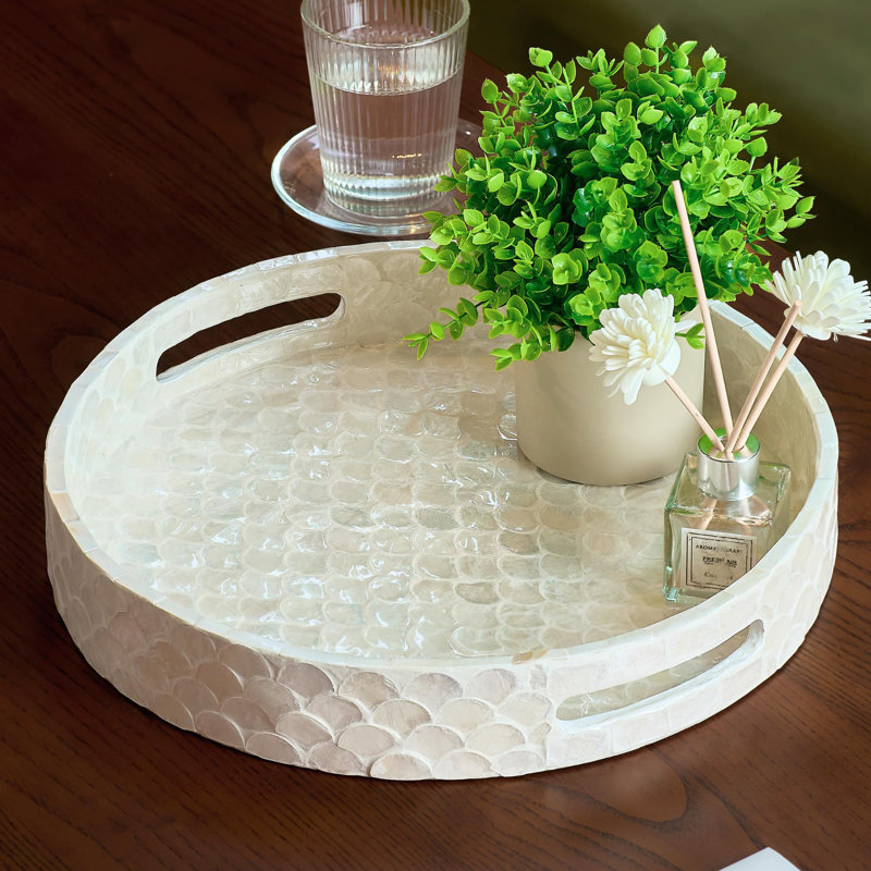 12.6 Inch Round Capiz Tray With Handles, Mother Of Pearl Serving Tray For Coffee Table & Vanity, Coastal Boho Home Decor