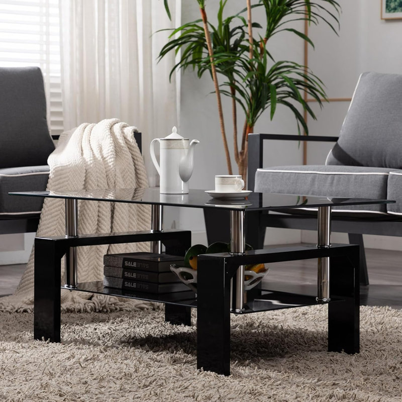 Table basse de salon en verre trempé, 2 couches, Noir, Noir, H 17,32 po x L 23,62 po x l 39,37 po
