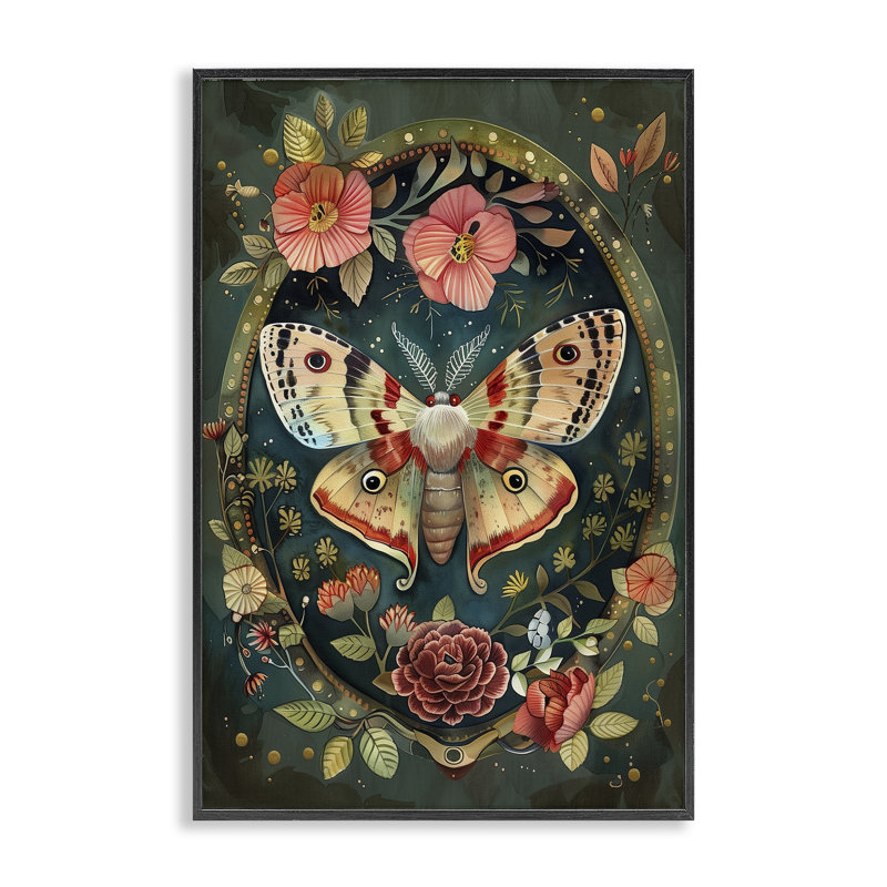 Victorian Moth & Florals, giclée encadrée, design par The Dutch Lady, H 24 po x l 16 po, Giclée encadrée noir minuit