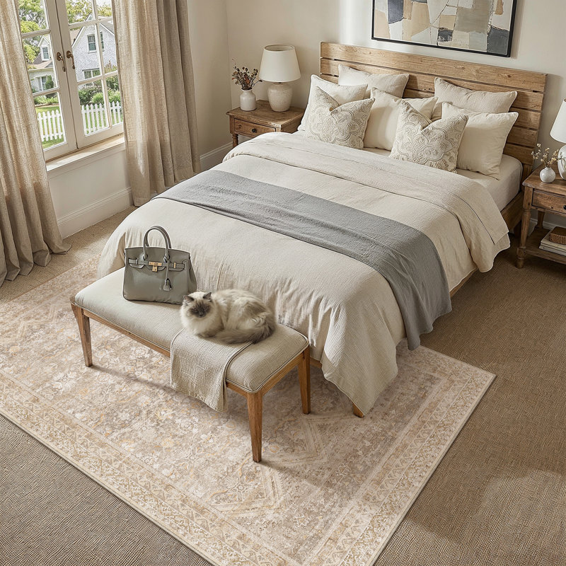 Tapis oriental beige avec envers antidérapant Vesper, Beige, Rectangle 6 pi x 9 pi