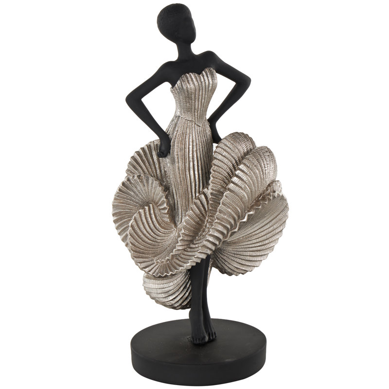 Sculpture Cole et danseuse en résine grise avec robe argentée