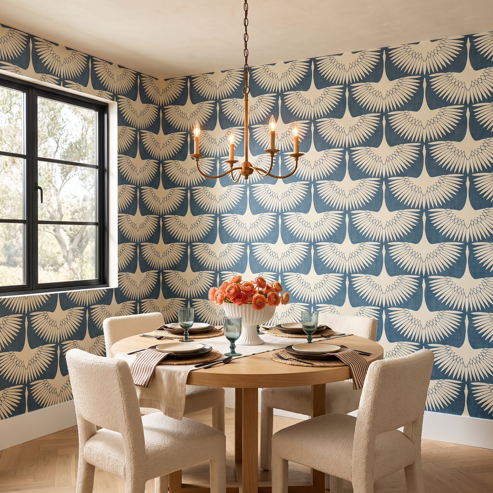 Feather Flock Self-Adhesive Wallpaper Roll, Denim Blue