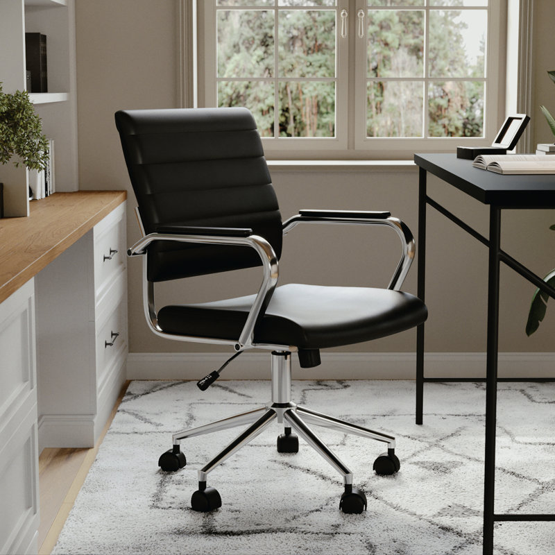 Hargrove Martha Stewart Upholstered Ribbed Faux Leather Swivel Home Office Chair with Armrests, Black