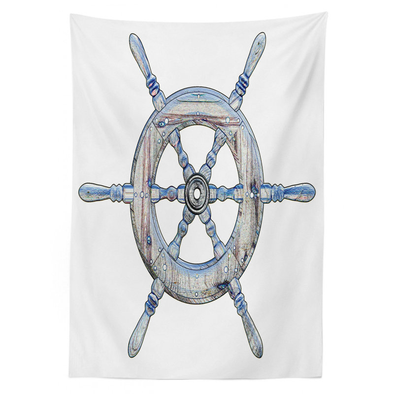 Ambesonne Nautical Tablecloth, Illustration Of A Wooden Ship Wheel Over White Backdrop Sail Exploring Ocean Theme, Rectangular Table Cover For Dining Room Kitchen Decor, 60" X 90", Blue White