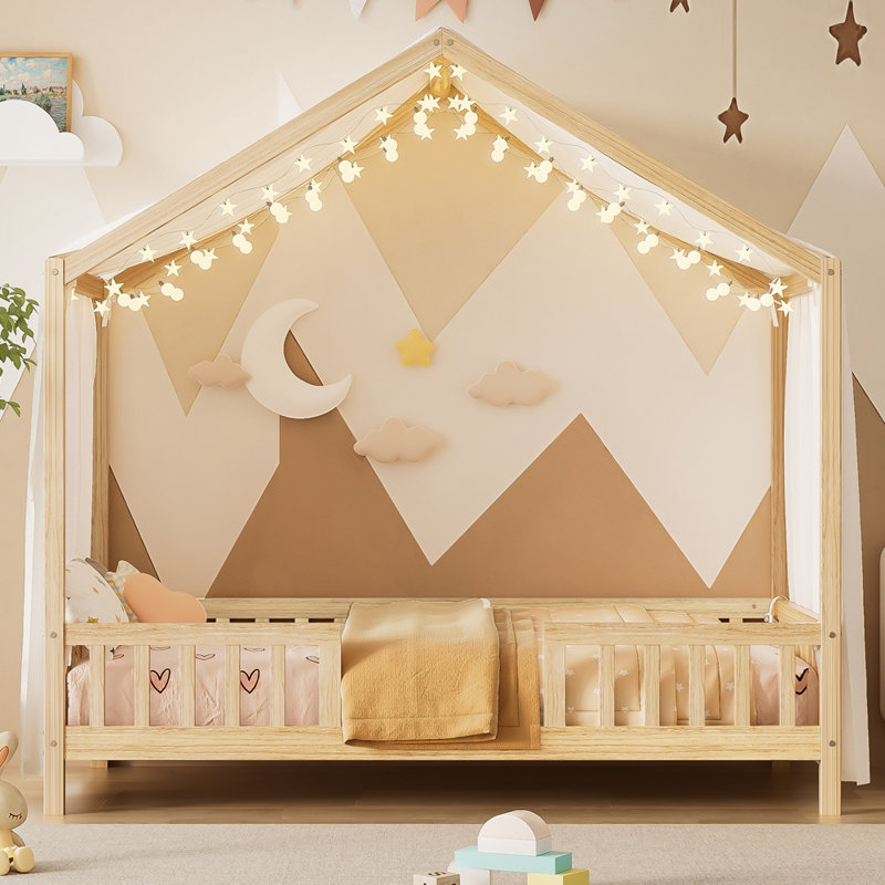 House Shape Kids Bed Frame with High Railings, Natural, Twin