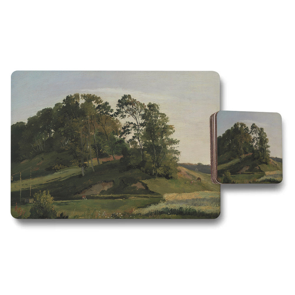 Landscape Placemats And Coasters Set With Tree Hill Scene Artwork