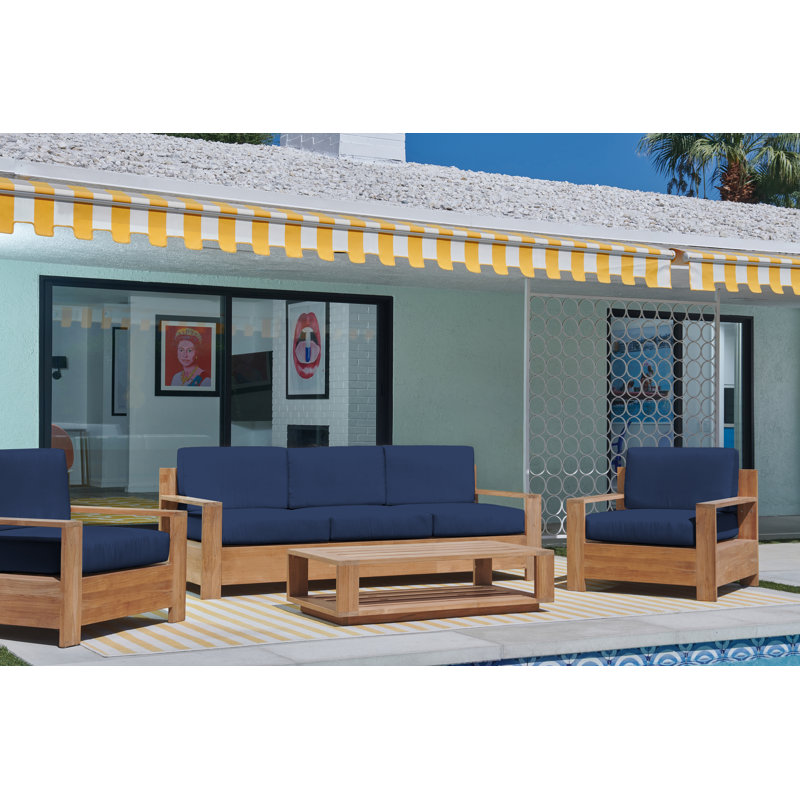 Chaise en teck Miguelina avec coussins Sunbrella, Toile bleu marine Sunbrella®, Naturel sablé