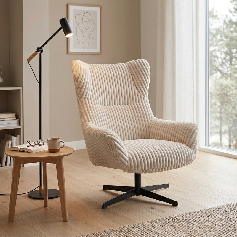 Lounge Snooze Upholstered Armchair Corduroy White, Metal Frame, Rotatable, 43cm Seating Height