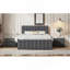 Lit plateforme double tapissier avec lit gigogne simple et 3 tiroirs, tissu en lin