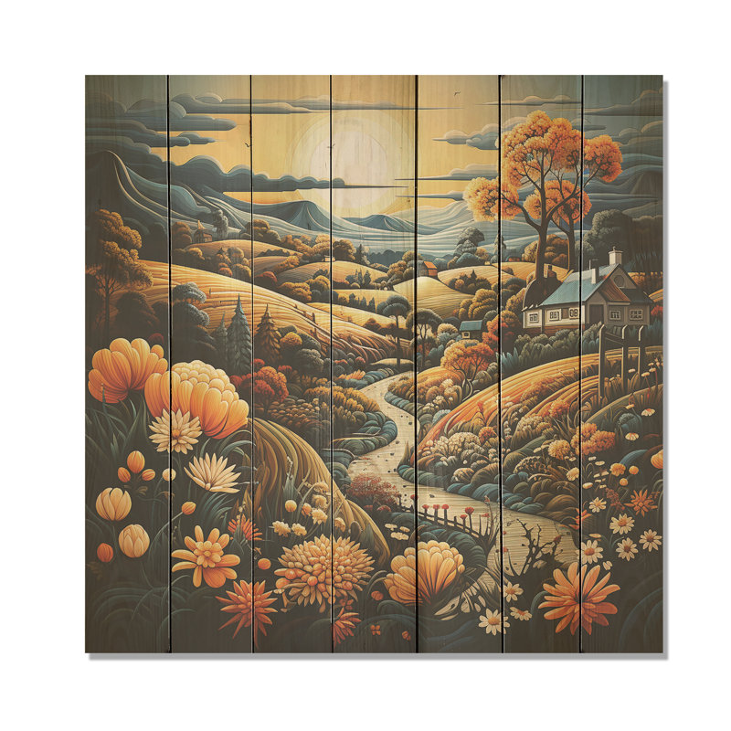 Paysage de fantaisie colorée en campagne IV - Paysage romantique sur bois, H 15 po x l 15 po