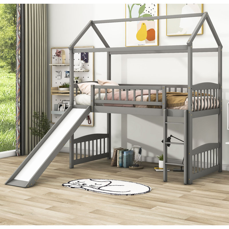Ortiz Kids Twin Wood House Loft Bed with Slide, Gray