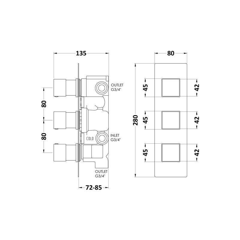 Square Valves Triple Concealed Diverter Shower Valve