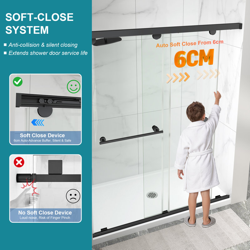  55"-60" W x 76" H Double Sliding Framed Shower Door in Matte Black with 5/16" Clear Tempered Glass, Soft Close Cushion