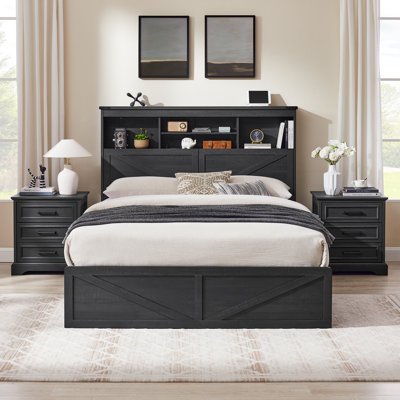 Farmhouse Queen Size Bed Frame With Charging Station And LED Light ,Wooden Queen Bed With 52" High Storage Bookcase Headboard, Wooden Slats & 4 Drawers