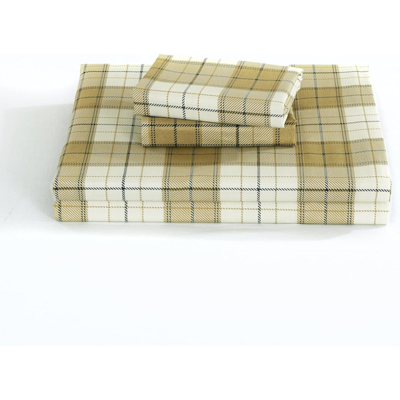 Queen Tan Beige Blue Plaid Microfiber Deep Pocket Sheet Set