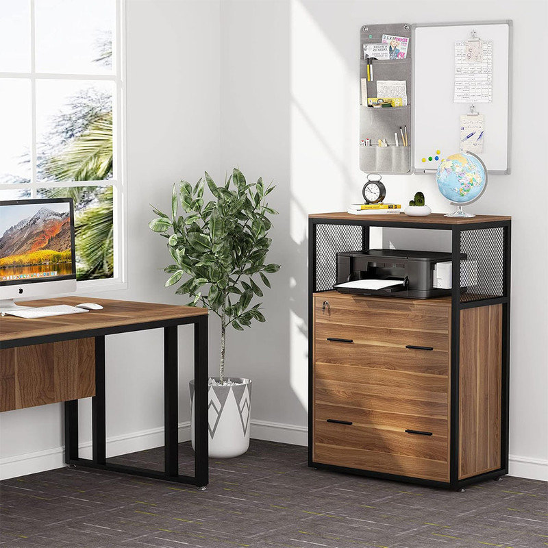 Lateral Locking File Cabinet, Letter/Legal, Large Rustic Filing Cabinet Printer Stand with Metal Wire Open Storage Shelves and 2 Drawer for Home Office (Walnut)