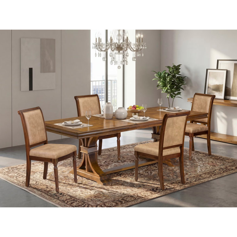 L'ensemble de table de salle à manger moderne 5 pièces se compose d'une table de cuisine et de 4 chaises de salle à manger en tissu de polyester beige avec dossier haut - finition noyer antique