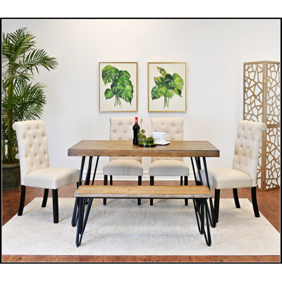 Ensemble de salle à manger 6 pièces, table à manger en épingle à cheveux avec 4 chaises et banc, design moderne Mid-Century pour maisons contemporaines