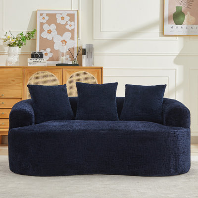 Causeuse 60 po en chenille bleue 60 po, sans assemblage, assise profonde avec 3 coussins
