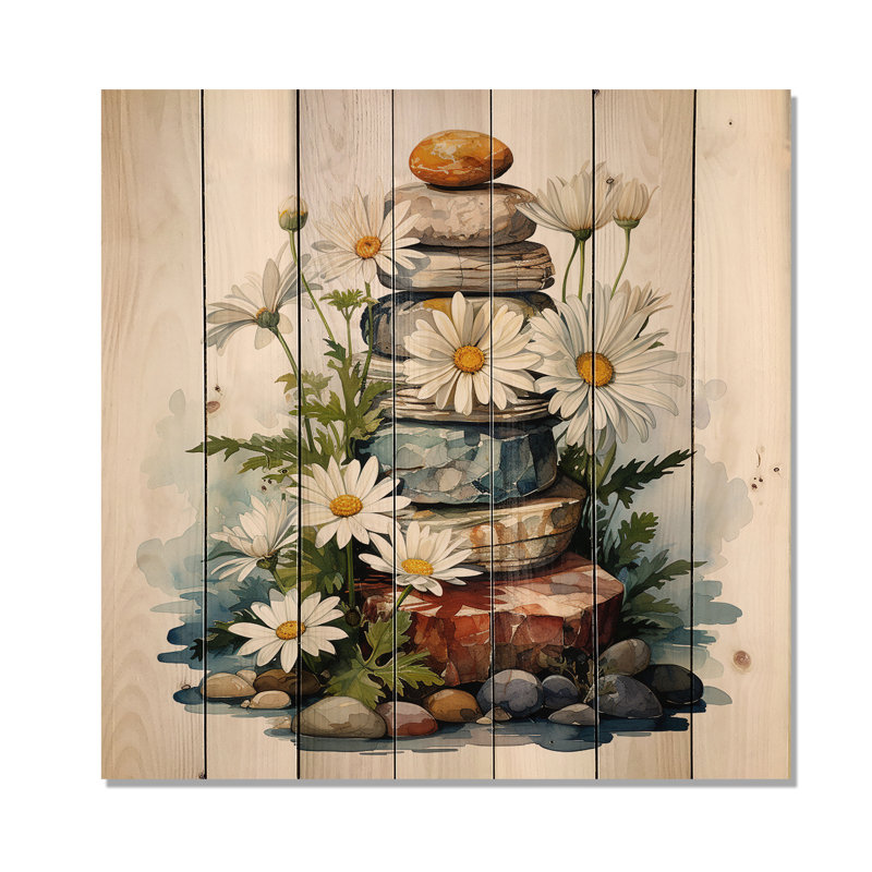 Fleur de marguerite sur pierre calme I - marguerite sur bois, H 36 po x l 36 po