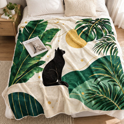 Couverture en peluche imprimée chat et feuilles tropicales (1 pièce) – Réversible ; légère, respirante et lavable à la machine. Parfait pour le salon et la chambre. Un cadeau attentionné. Convient également pour la literie et le canapé.