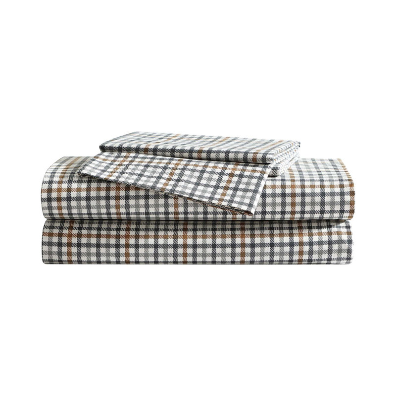 Shasta Lake Cotton Percale Standard Sheet Set, King Sheet Set with 2 Pillowcases, Beige Plaid
